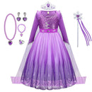 Girl Elsa Dress Princess Cosplay Purple Sequins Mesh Halloween Long Sleeves Ball Gown Birthday Party Carnival Costume