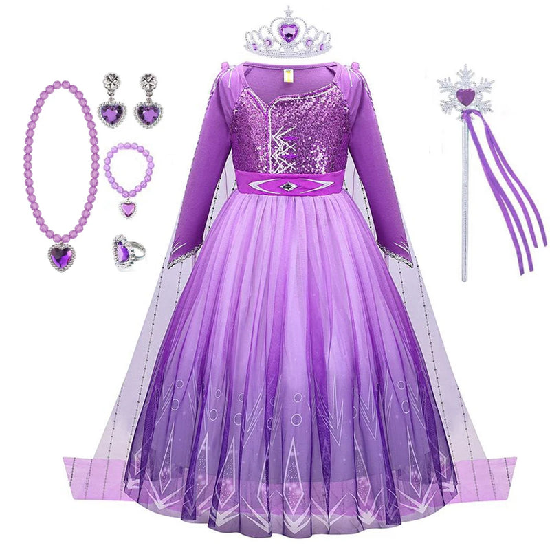 Girl Elsa Dress Princess Cosplay Purple Sequins Mesh Halloween Long Sleeves Ball Gown Birthday Party Carnival Costume