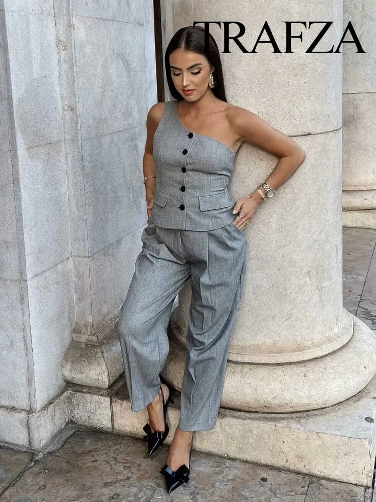 TRAFZA New Fashion Female Sets Summer Casual Women Asymmetrical Vest Sleeveless Short Tank Tops Solid Mid Waist Vintage Pants