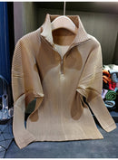 Miyake Pleated Sweatshirt Pit Stripe Zipper Standing Collar Jacket Women 2025 New Casual Pullover Hundred Pleat Skinny Tops