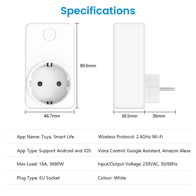 QCSMART Tuya Smart WiFi EU Plug Outlet 16A Electricity Energy Power Monitor Conservation Timer Socket Support Google Assistant