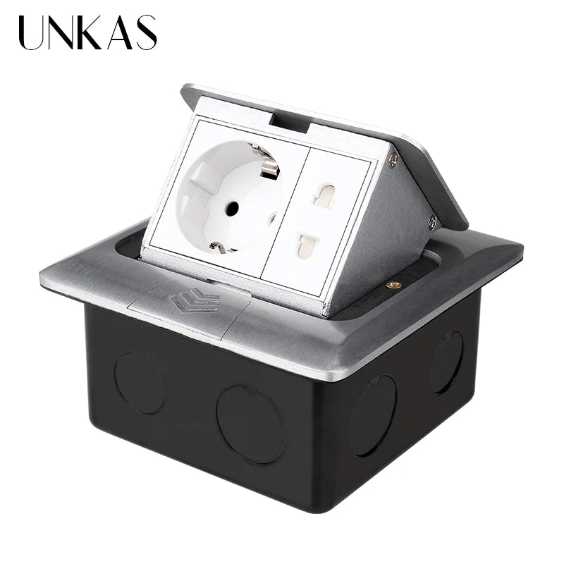 UNKAS New Type C Port PULL POP UP 3 Power EU Socket Silver Black Kitchen Table Desktop Plug Floor Socket