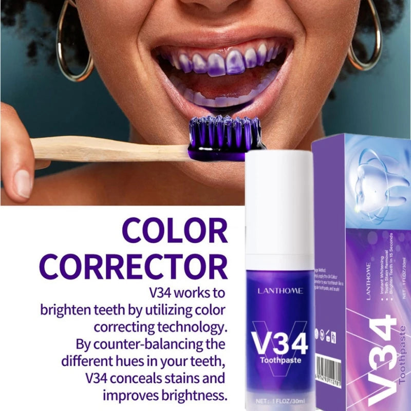 V34 Pro Purple Corrector Teeth Whitening Toothpaste Enamel Care Easy Smile Removal Plaque Stain Reduce Yellowing Oral Clean Care