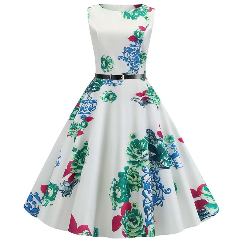 Floral Print Summer Dress Women Vintage Dresses Elegant Retro Party Tank Sleeveless Casual Office Dress