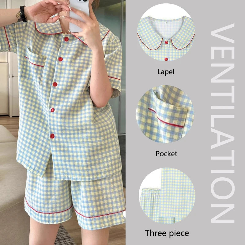 3pcs/set Short Sleeve Premium Feeling Pajamas Women's Cardigan Short Sleeve Long Pants Homewear Ladies Student Pajama ThreeSet