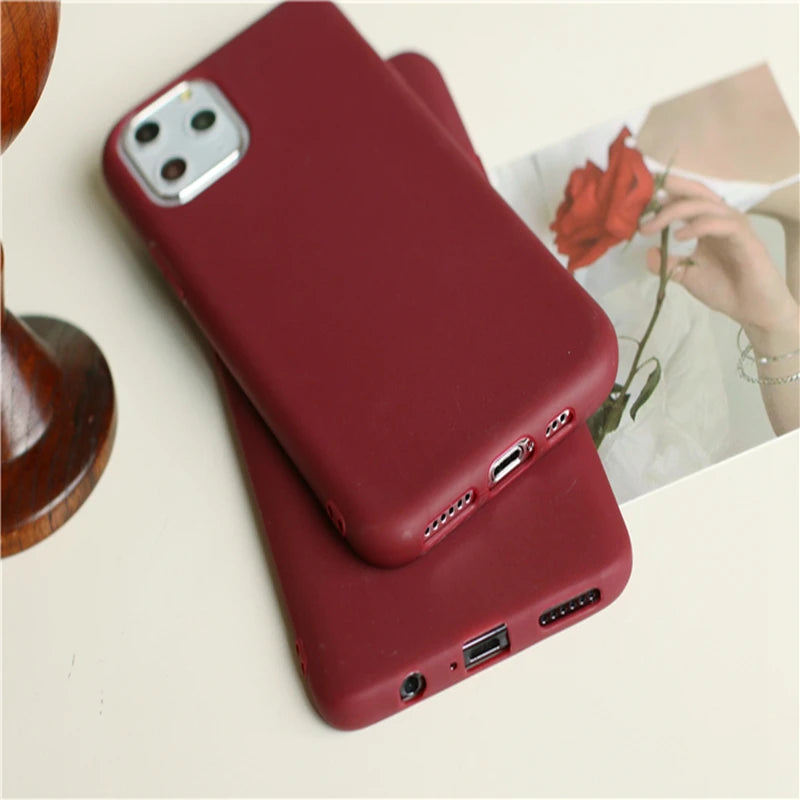 Wine Red Matte Phone Case For iphone 14 13 12 11 Pro XS Max XR X 8 7 6S 6 Plus SE 5 5S Silicone Cases Solid Color Soft TPU Cover