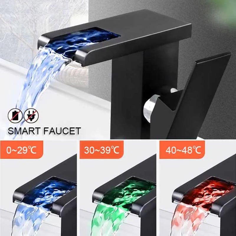 LED Luminous Waterfall Faucet Hot and Cold Color Changing Mixer Tap Square Wash Basin Bathroom Cabinet Faucet Copper Alloy