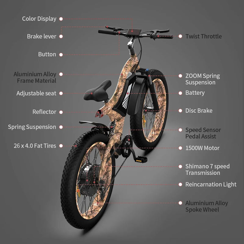 AOSTIRMOTOR 1500W 30MPH Snow Ebike 48V 15Ah Electric Mountain Bike For Aldult 26in 4.0 Fat Tire Beach Bicycle