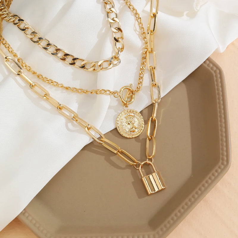 EN Charm Fashion Multilayer Gold Color Thick Chain Lock Pendant Necklace 2022 Jewelry Vintage Coin Choker Necklace for Women