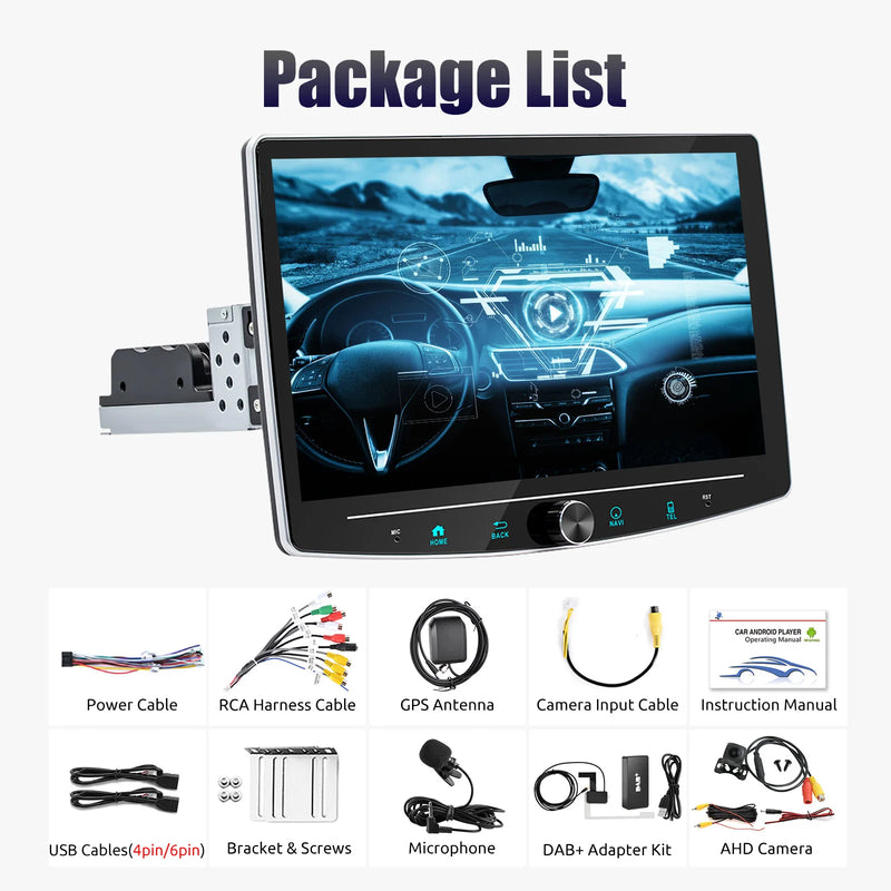 ESSGOO Android 14 4+64G Carplay Car Stereo Radio 1 DIN 10.1" Rotatable Screen GPS NAVI RDS w/ Microphone Knob Colorfull Button