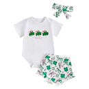 St Patrick s Day Toddler Girls Green Dress Set with Clover Embroidered Bodysuit Ruffle Shorts and Matching Headband
