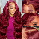 200 Density 99J Burgundy Colored Body Wave Human Hair Wigs For Women 42 44 Inch 13x4 13x6 HD Transparent Lace Frontal Wigs