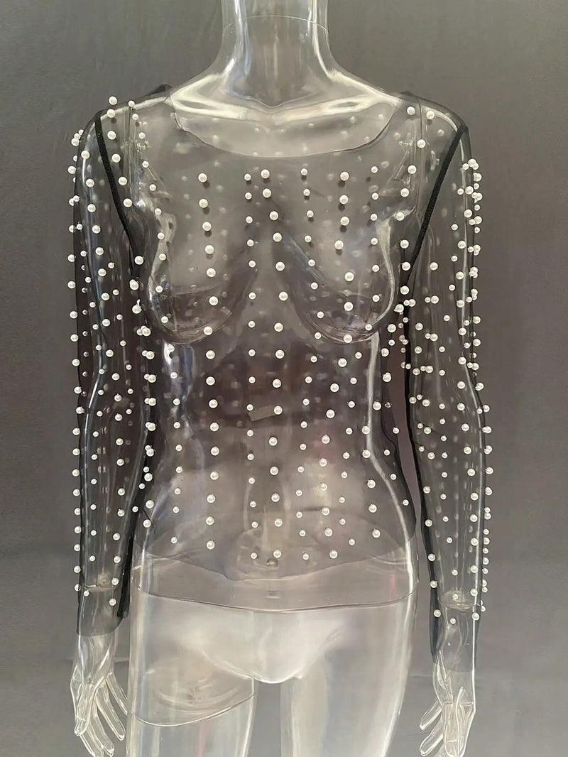 Women Fashion Rave Festival Romantic Pearls Beaded Decor Sheer Mesh Long Sleeve Crop Cover Up Top Clubwear Without Bra