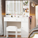Satifur White Vanity Desk with Mirror and Lights, Makeup Desk with Storage Shelf and Power Outlet, Dressing Table with Cabinet
