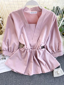 Women's Temperament Shirt Summer Design Ruffles Lace Up Waist Wild Shirt Tide Solid V-Neck Three Quarter Shirts Top ML673