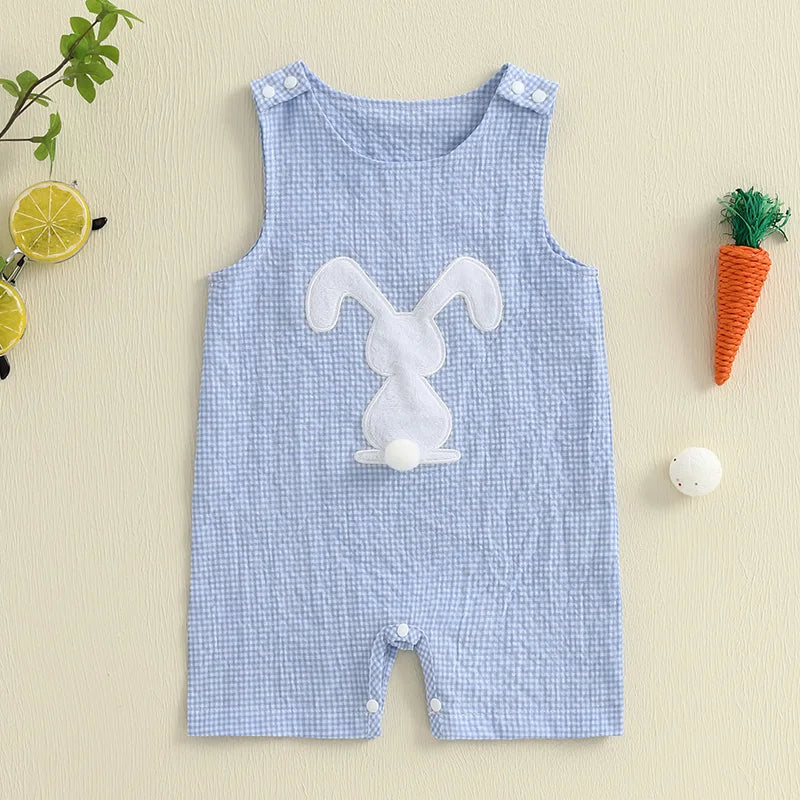 Infant Unisex Easter Romper Sleeveless Round Neck Bunny Embroidery Carrot Embroidery  Outfit for Baby Boy Girl