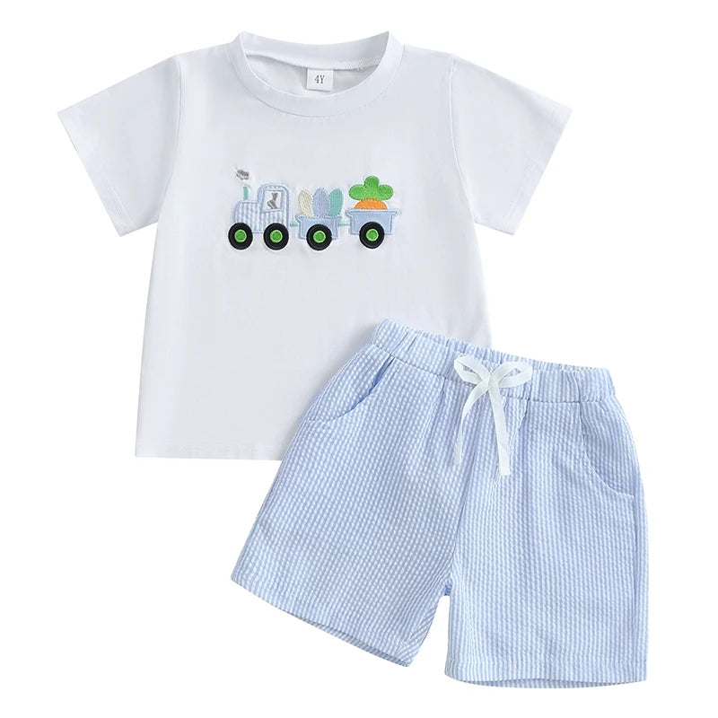 Children s Boys Easter Outfits with Bunny Rabbit Embroidery Crew Neck Short Sleeve Tops and Elastic Waist Shorts 2-Piece