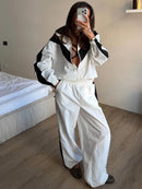 Casual Paneled Contrast Women's Pants Sets Stand Collar Zipper Cropped Jackets Elastic Wide Leg Pant 2026 Autumn Lady Tracksuits