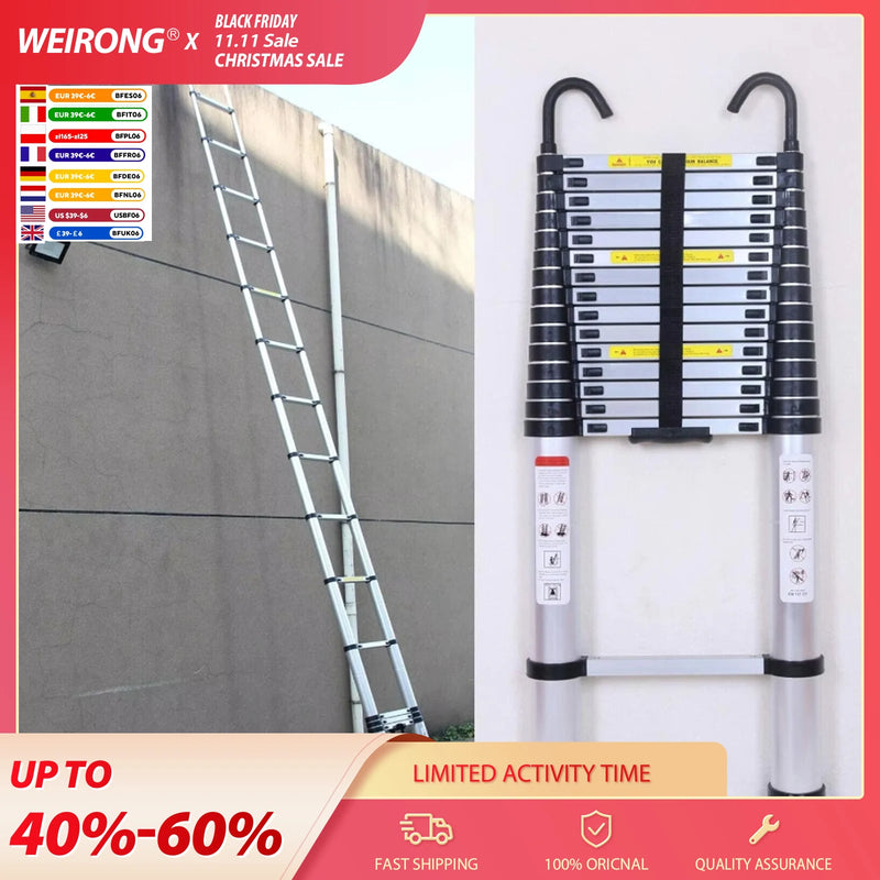 DayPlus Telescopic Ladder 6.2M/20.3FT W/Detachable Hooks&Extendable Steps,Folding Tall Loft CollapsibleLadder with Non-Slip Feet