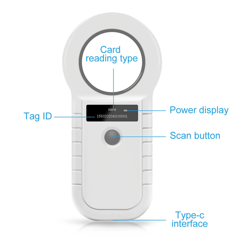 Portable pet ID reader for dogs, cats, and pigs with 134.2KHz/125KHz RFID, EMID/FDX-B, ISO11784/85 support, and 128 data storage