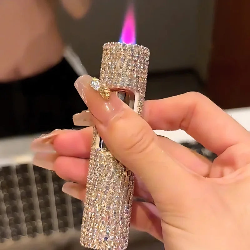 Luxury Rhinestone Mini Inflatable Llighter Windproof Metal Jet Pink Flame Portable Lighter For Men And Women's Small Tools