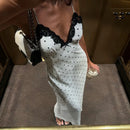 Tossy Lace V-Neck Patchwork Maxi Dress Women Backless High Waist Slim Spaghetti Contrast Party Dress Female Spring Long Dress