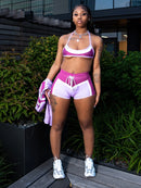 2025 Trending Summer Outfit Woman 3 Piece Set Fitted Tracksuit Color Block Sports Bra Jacket and Shorts Ladies Gym Workout Sets