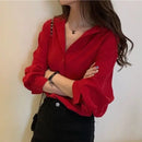 JOEVILU Red Chiffon Shirt Women French Elegant Long Sleeve Blouses Spring and Autumn Korean Fashion Tops Casual Sunscreen Jacket