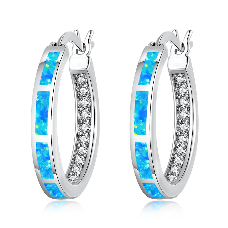 CiNily White Fire Opal Hoop Earrings With Stone Silver Plated Small Round Circle Chic Summer Punk Jewelry Best Gifts for Woman