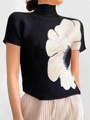 2024 New Arrivals Summer Short Sleeves Floral Printed Basics T-Shirt Women Fashion Slim Fit High-Neck Casual Tops