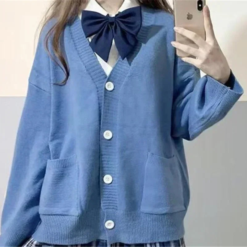 College Sweater Outerwear Cardigan JK Uniform Autumn Winter Japanese Solid V-neck Button Pocket Loose Thin Long Sleeved Knit Top