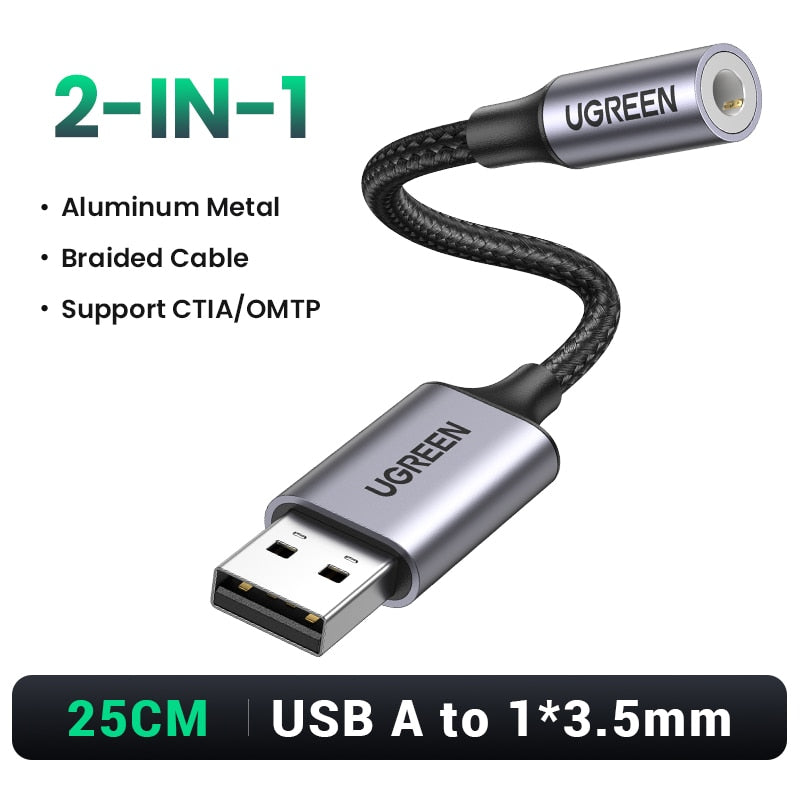 UGREEN Sound Card 2-in-1 USB Audio Interface External 3.5mm Audio Adapter Soundcard for Laptop PS4 Headset USB Sound Card