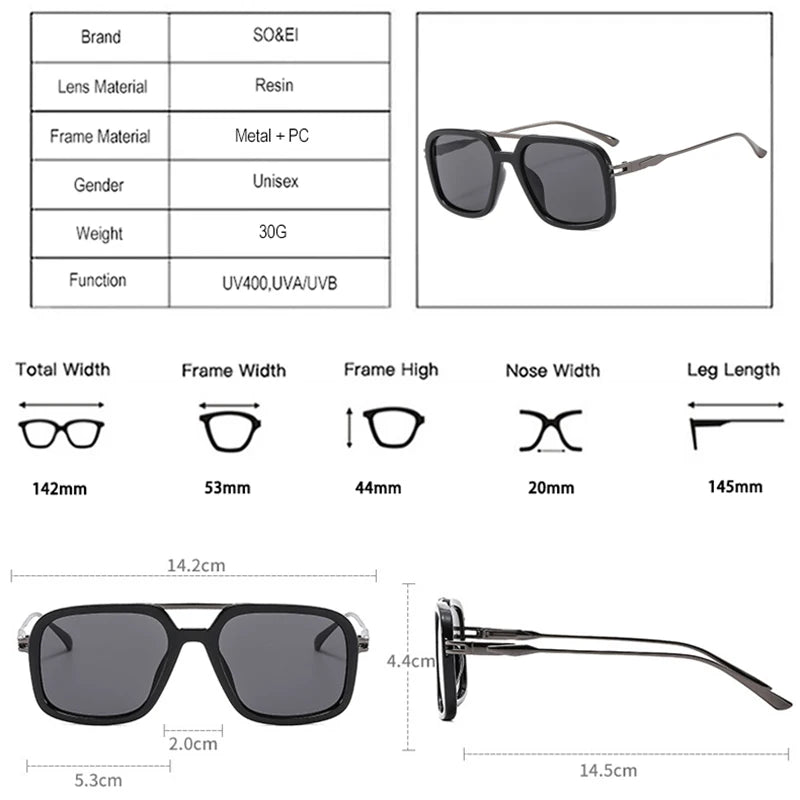 SO&EI Retro Double Bridges Square Men Sunglasses Shades UV400 Fashion Gradient Women Sun Glasses