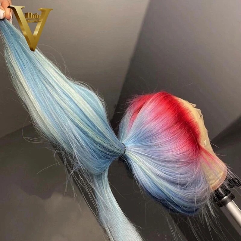 Haze Blue Colored Straight Lace Front Wig Red Ombre Human Hair Wigs For Women Brazilian Transparent Lace Front Wig Pre Plucked