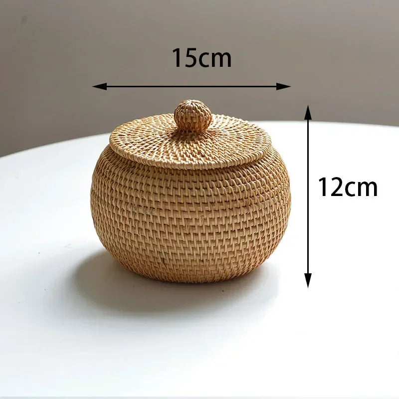 New Round Rattan Boxes with Lid Hand-Woven Multi-Purpose Wicker Tray Desktop Decoration Jewelry Storage Box Make Up Organizer