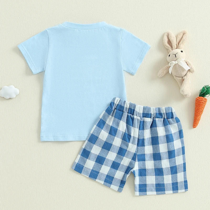 Adorable Infant Easter Outfit with Bunny and Carrot Embroidery Short Sleeve Tee and Plaid Shorts Set for Boys