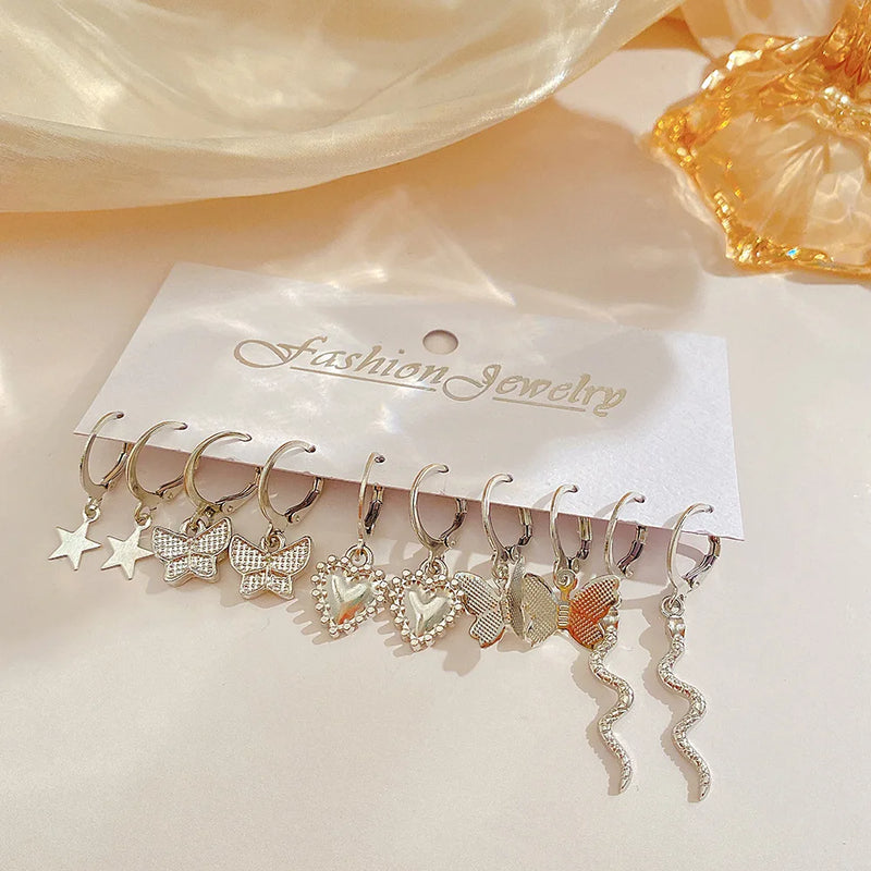 Silver Color Heart Dangle Earrings Set Vintage Butterfly Metal Geometric Drop Earring for Women 2023 Fashion Trendy Jewelry Gift