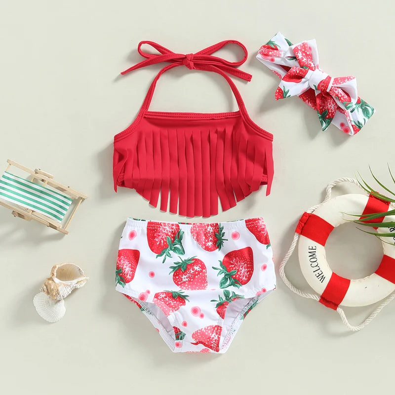 VISgogo Toddler Girls Swimsuits Bikini Set Solid Color Tassel Tops Strawberry Flower Shorts Headband Swimwear Bathing Beachwear