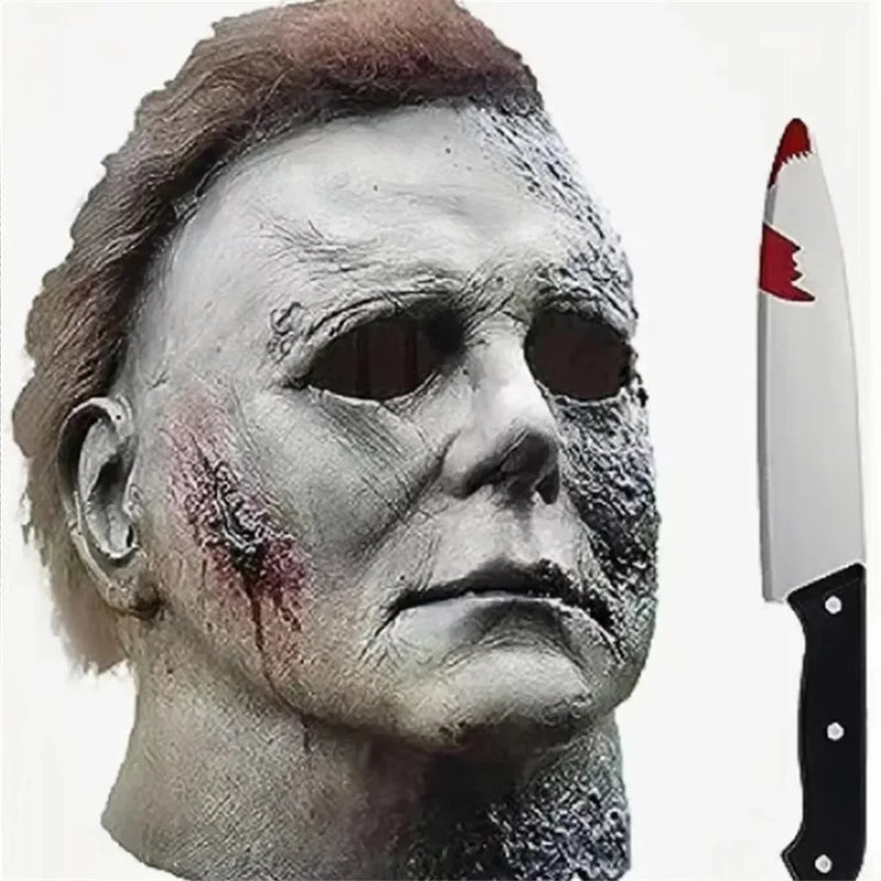 Halloween Michael Myers Mask Scary Killer Full Head Mask Creepy Fire Burn Scar Latex Face Mask Cosplay Costume Party Props Knife