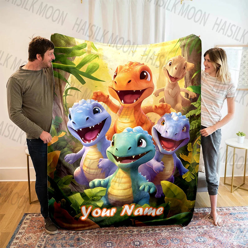 Personalized Customized Name Blanket Cartoon Dinosaur Print Warm and Comfortable Blanket for Sofa Bed Travel Camping Picnic Car