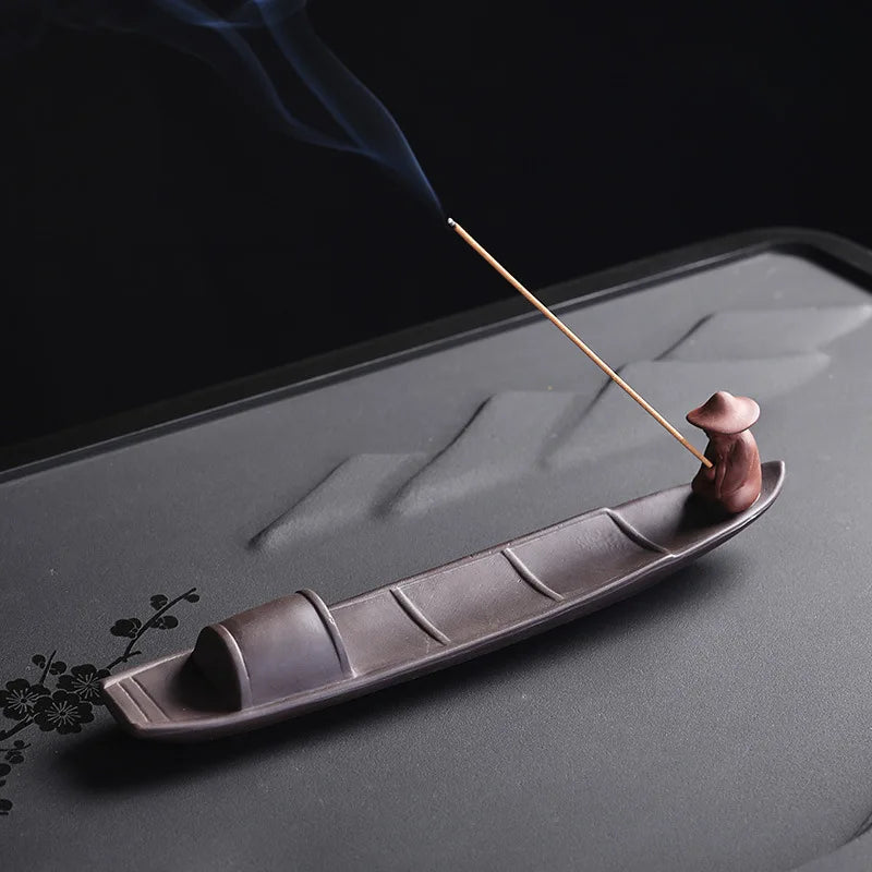 1pc Incense Stick Holder, Zen Meditation Purple Clay Fisherman Fishing Incense Stick Holder Home Decor (Without Incense)