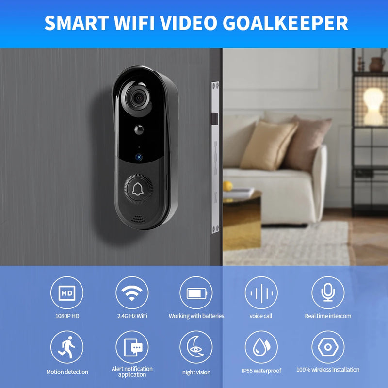 IP65 Waterproof Smart Home Security Doorbell with WiFi Connection Two-Way Audio Communication Outdoor Wireless WiFi Doorbell