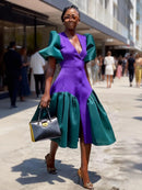 Couture Contrast Color Mid Calf Women Blazer Dresses V-neck Short Puffy Sleeves Fashion Women Dress Many Color Available