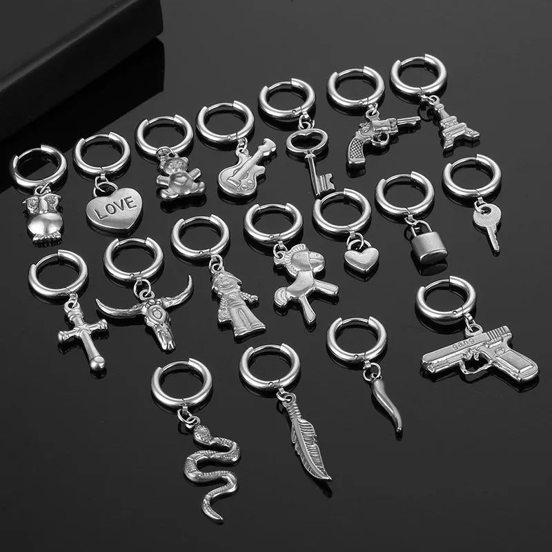 Gothic Punk Stainless Steel Cross Lock Key Snake Scorpion Hoop Earrings For Women And Man Piercing Jewelry Party Wholesale