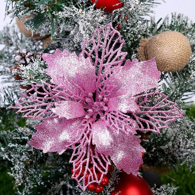 5/10Pcs 9CM Christmas Decoration Artificial Flowers Xma Tree Pendant Ornaments Home Decor Navidad New Year 2025 Party Supplies