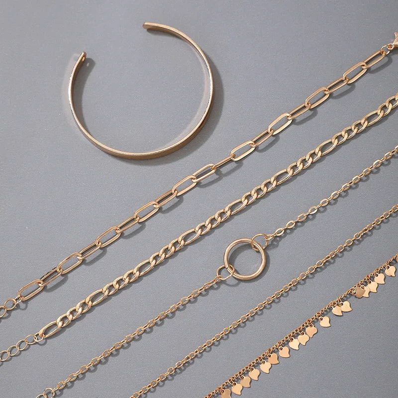 Boho Gold Color Link Chain Bracelet Set For Women Geometric Round Circle Tassel Charm Open Bangle Female Jewelry