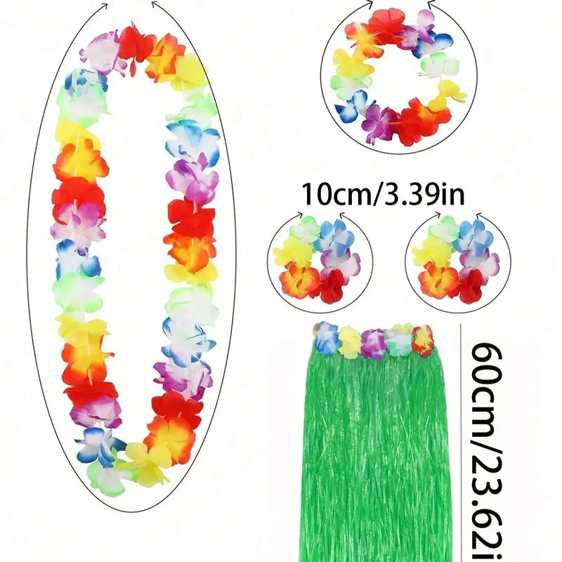 5pcs-Hawaii Hula Dress + 2 wristbands 2 garlands - Hibiscus Flower Birthday Tropical party decorations Hawaiian Hula Skirt Tropi