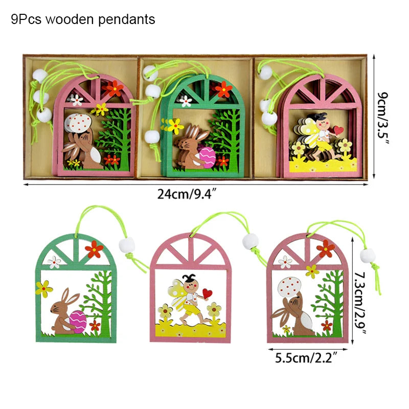 12/9pcs Happy Easter Wooden Pendant Cute Bunny Egg Carrot Chick Hanging Ornaments Spring Easter Party Home Decoration DIY Wreath