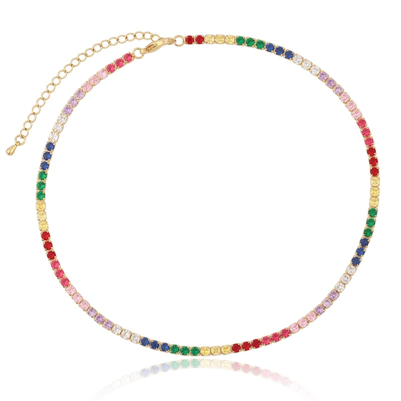 Sexy Short Sparking Rainbow Tennis Chain Chocker Necklace With AAA+ CZ Fashion Personality Women Collar Jewellery bijoux femme