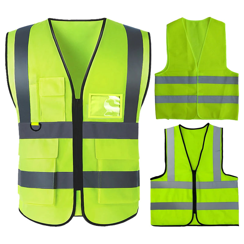 Reflective Safety Vest High Visibility Night Work Security Sleeveless Yellow Vest Construction Workwear Zipper & Pockets Adults